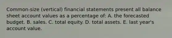 Common-size (vertical) financial statements present all balance sheet account values as a percentage of: A. the forecasted budget. B. sales. C. total equity. D. total assets. E. last year's account value.