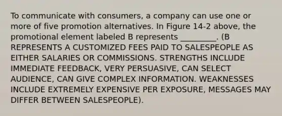 To communicate with consumers, a company can use one or more of five promotion alternatives. In Figure 14-2 above, the promotional element labeled B represents _________. (B REPRESENTS A CUSTOMIZED FEES PAID TO SALESPEOPLE AS EITHER SALARIES OR COMMISSIONS. STRENGTHS INCLUDE IMMEDIATE FEEDBACK, VERY PERSUASIVE, CAN SELECT AUDIENCE, CAN GIVE COMPLEX INFORMATION. WEAKNESSES INCLUDE EXTREMELY EXPENSIVE PER EXPOSURE, MESSAGES MAY DIFFER BETWEEN SALESPEOPLE).