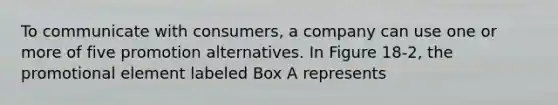 To communicate with consumers, a company can use one or more of five promotion alternatives. In Figure 18-2, the promotional element labeled Box A represents