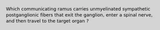 Which communicating ramus carries unmyelinated sympathetic postganglionic fibers that exit the ganglion, enter a spinal nerve, and then travel to the target organ ?