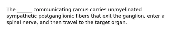 The ______ communicating ramus carries unmyelinated sympathetic postganglionic fibers that exit the ganglion, enter a spinal nerve, and then travel to the target organ.