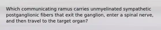 Which communicating ramus carries unmyelinated sympathetic postganglionic fibers that exit the ganglion, enter a spinal nerve, and then travel to the target organ?