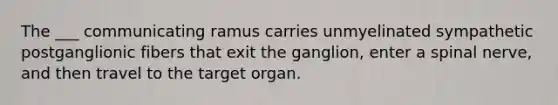 The ___ communicating ramus carries unmyelinated sympathetic postganglionic fibers that exit the ganglion, enter a spinal nerve, and then travel to the target organ.