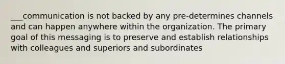 ___communication is not backed by any pre-determines channels and can happen anywhere within the organization. The primary goal of this messaging is to preserve and establish relationships with colleagues and superiors and subordinates