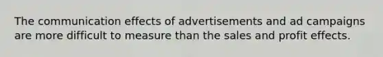 The communication effects of advertisements and ad campaigns are more difficult to measure than the sales and profit effects.