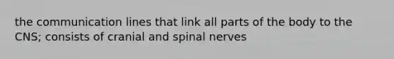 the communication lines that link all parts of the body to the CNS; consists of cranial and <a href='https://www.questionai.com/knowledge/kyBL1dWgAx-spinal-nerves' class='anchor-knowledge'>spinal nerves</a>