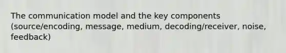 The communication model and the key components (source/encoding, message, medium, decoding/receiver, noise, feedback)