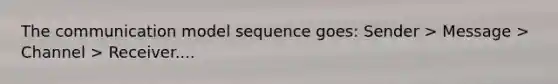 The communication model sequence goes: Sender > Message > Channel > Receiver....