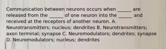 Communication between neurons occurs when ______ are released from the ______ of one neuron into the ______ and received at the receptors of another neuron. A. Neurotransmitters; nucleus; dendrites B. Neurotransmitters; axon terminal; synapse C. Neuromodulators; dendrites; synapse D. Neuromodulators; nucleus; dendrites