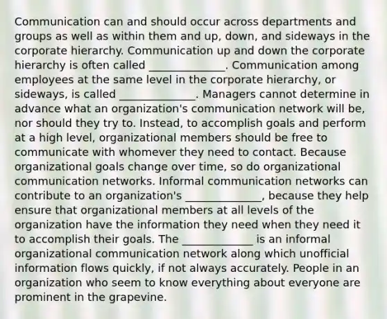 Communication can and should occur across departments and groups as well as within them and up, down, and sideways in the corporate hierarchy. Communication up and down the corporate hierarchy is often called ______________. Communication among employees at the same level in the corporate hierarchy, or sideways, is called ______________. Managers cannot determine in advance what an organization's communication network will be, nor should they try to. Instead, to accomplish goals and perform at a high level, organizational members should be free to communicate with whomever they need to contact. Because organizational goals change over time, so do organizational communication networks. Informal communication networks can contribute to an organization's ______________, because they help ensure that organizational members at all levels of the organization have the information they need when they need it to accomplish their goals. The _____________ is an informal organizational communication network along which unofficial information flows quickly, if not always accurately. People in an organization who seem to know everything about everyone are prominent in the grapevine.