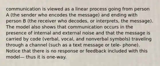 communication is viewed as a linear process going from person A (the sender who encodes the message) and ending with person B (the receiver who decodes, or interprets, the message). The model also shows that communication occurs in the presence of internal and external noise and that the message is carried by code (verbal, vocal, and nonverbal symbols) traveling through a channel (such as a text message or tele- phone). Notice that there is no response or feedback included with this model— thus it is one-way.