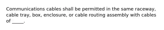 Communications cables shall be permitted in the same raceway, cable tray, box, enclosure, or cable routing assembly with cables of _____.