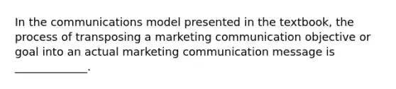 In the communications model presented in the textbook, the process of transposing a marketing communication objective or goal into an actual marketing communication message is _____________.