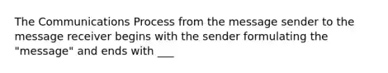 The Communications Process from the message sender to the message receiver begins with the sender formulating the "message" and ends with ___