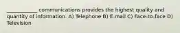 ____________ communications provides the highest quality and quantity of information. A) Telephone B) E-mail C) Face-to-face D) Television