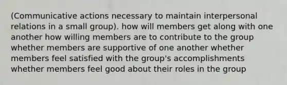 (Communicative actions necessary to maintain interpersonal relations in a small group). how will members get along with one another how willing members are to contribute to the group whether members are supportive of one another whether members feel satisfied with the group's accomplishments whether members feel good about their roles in the group