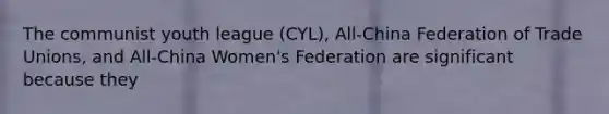 The communist youth league (CYL), All-China Federation of Trade Unions, and All-China Women's Federation are significant because they