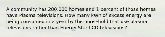 A community has 200,000 homes and 1 percent of those homes have Plasma televisions. How many kWh of excess energy are being consumed in a year by the household that use plasma televisions rather than Energy Star LCD televisions?