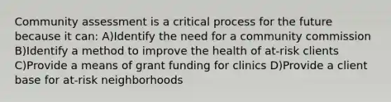 Community assessment is a critical process for the future because it can: A)Identify the need for a community commission B)Identify a method to improve the health of at-risk clients C)Provide a means of grant funding for clinics D)Provide a client base for at-risk neighborhoods