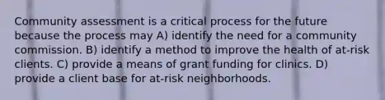 Community assessment is a critical process for the future because the process may A) identify the need for a community commission. B) identify a method to improve the health of at-risk clients. C) provide a means of grant funding for clinics. D) provide a client base for at-risk neighborhoods.