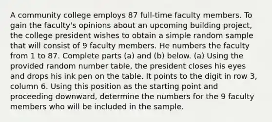 A community college employs 87 full-time faculty members. To gain the​ faculty's opinions about an upcoming building​ project, the college president wishes to obtain a simple random sample that will consist of 9 faculty members. He numbers the faculty from 1 to 87. Complete parts​ (a) and​ (b) below. (a) Using the provided random number​ table, the president closes his eyes and drops his ink pen on the table. It points to the digit in row​ 3, column 6. Using this position as the starting point and proceeding​ downward, determine the numbers for the 9 faculty members who will be included in the sample.