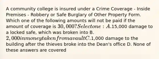 A community college is insured under a Crime Coverage - Inside Premises - Robbery or Safe Burglary of Other Property Form. Which one of the following amounts will not be paid if the amount of coverage is 30,000? Select one: A.15,000 damage to a locked safe, which was broken into B. 2,000 in money taken from a vault C.1,000 damage to the building after the thieves broke into the Dean's office D. None of these answers are covered