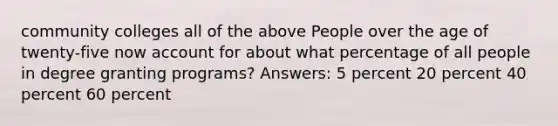 community colleges all of the above People over the age of twenty-five now account for about what percentage of all people in degree granting programs? Answers: 5 percent 20 percent 40 percent 60 percent