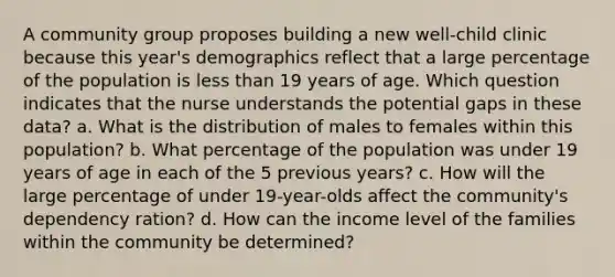 A community group proposes building a new well-child clinic because this year's demographics reflect that a large percentage of the population is <a href='https://www.questionai.com/knowledge/k7BtlYpAMX-less-than' class='anchor-knowledge'>less than</a> 19 years of age. Which question indicates that the nurse understands the potential gaps in these data? a. What is the distribution of males to females within this population? b. What percentage of the population was under 19 years of age in each of the 5 previous years? c. How will the large percentage of under 19-year-olds affect the community's dependency ration? d. How can the income level of the families within the community be determined?