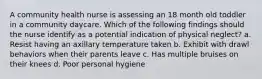 A community health nurse is assessing an 18 month old toddler in a community daycare. Which of the following findings should the nurse identify as a potential indication of physical neglect? a. Resist having an axillary temperature taken b. Exhibit with drawl behaviors when their parents leave c. Has multiple bruises on their knees d. Poor personal hygiene