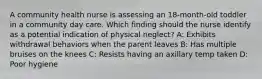 A community health nurse is assessing an 18-month-old toddler in a community day care. Which finding should the nurse identify as a potential indication of physical neglect?​ A: Exhibits withdrawal behaviors when the parent leaves​ B: Has multiple bruises on the knees​ C: Resists having an axillary temp taken​ D: Poor hygiene​