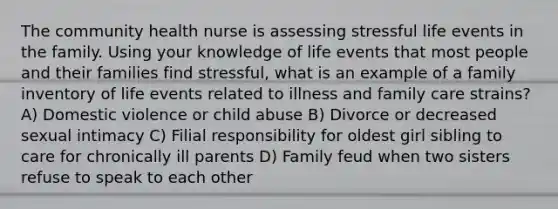 The community health nurse is assessing stressful life events in the family. Using your knowledge of life events that most people and their families find stressful, what is an example of a family inventory of life events related to illness and family care strains? A) Domestic violence or child abuse B) Divorce or decreased sexual intimacy C) Filial responsibility for oldest girl sibling to care for chronically ill parents D) Family feud when two sisters refuse to speak to each other