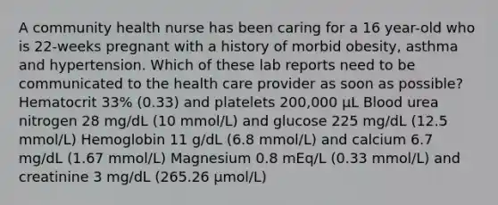 A community health nurse has been caring for a 16 year-old who is 22-weeks pregnant with a history of morbid obesity, asthma and hypertension. Which of these lab reports need to be communicated to the health care provider as soon as possible? Hematocrit 33% (0.33) and platelets 200,000 μL Blood urea nitrogen 28 mg/dL (10 mmol/L) and glucose 225 mg/dL (12.5 mmol/L) Hemoglobin 11 g/dL (6.8 mmol/L) and calcium 6.7 mg/dL (1.67 mmol/L) Magnesium 0.8 mEq/L (0.33 mmol/L) and creatinine 3 mg/dL (265.26 μmol/L)