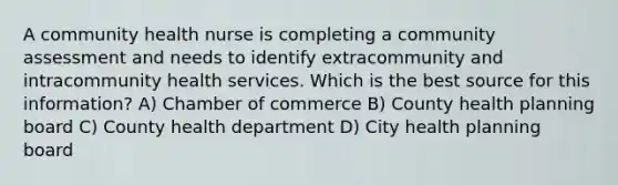 A community health nurse is completing a community assessment and needs to identify extracommunity and intracommunity health services. Which is the best source for this information? A) Chamber of commerce B) County health planning board C) County health department D) City health planning board