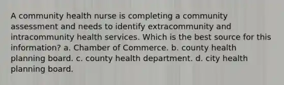 A community health nurse is completing a community assessment and needs to identify extracommunity and intracommunity health services. Which is the best source for this information? a. Chamber of Commerce. b. county health planning board. c. county health department. d. city health planning board.