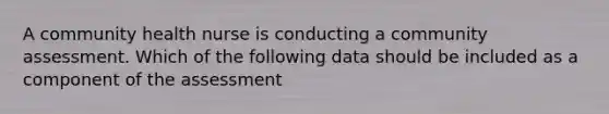 A community health nurse is conducting a community assessment. Which of the following data should be included as a component of the assessment