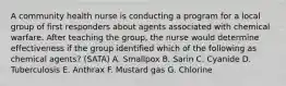 A community health nurse is conducting a program for a local group of first responders about agents associated with chemical warfare. After teaching the group, the nurse would determine effectiveness if the group identified which of the following as chemical agents? (SATA) A. Smallpox B. Sarin C. Cyanide D. Tuberculosis E. Anthrax F. Mustard gas G. Chlorine