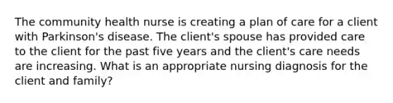 The community health nurse is creating a plan of care for a client with Parkinson's disease. The client's spouse has provided care to the client for the past five years and the client's care needs are increasing. What is an appropriate nursing diagnosis for the client and family?