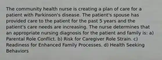 The community health nurse is creating a plan of care for a patient with Parkinson's disease. The patient's spouse has provided care to the patient for the past 5 years and the patient's care needs are increasing. The nurse determines that an appropriate nursing diagnosis for the patient and family is: a) Parental Role Conflict. b) Risk for Caregiver Role Strain. c) Readiness for Enhanced Family Processes. d) Health Seeking Behaviors