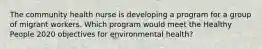 The community health nurse is developing a program for a group of migrant workers. Which program would meet the Healthy People 2020 objectives for environmental health?