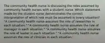 The community health nurse is discussing the roles assumed by community health nurses with a student nurse. Which statement made by the student nurse demonstrates the correct interpretation of which role must be assumed in every situation? "A community health nurse assumes the role of researcher in each situation." "A community health nurse assumes the role of manager in each situation." "A community health nurse assumes the role of leader in each situation." "A community health nurse assumes the role of clinician in each situation.'