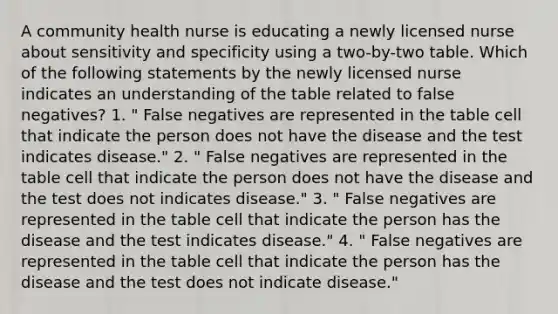 A community health nurse is educating a newly licensed nurse about sensitivity and specificity using a two-by-two table. Which of the following statements by the newly licensed nurse indicates an understanding of the table related to false negatives? 1. " False negatives are represented in the table cell that indicate the person does not have the disease and the test indicates disease." 2. " False negatives are represented in the table cell that indicate the person does not have the disease and the test does not indicates disease." 3. " False negatives are represented in the table cell that indicate the person has the disease and the test indicates disease." 4. " False negatives are represented in the table cell that indicate the person has the disease and the test does not indicate disease."