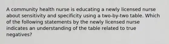 A community health nurse is educating a newly licensed nurse about sensitivity and specificity using a two-by-two table. Which of the following statements by the newly licensed nurse indicates an understanding of the table related to true negatives?