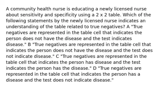 A community health nurse is educating a newly licensed nurse about sensitivity and specificity using a 2 x 2 table. Which of the following statements by the newly licensed nurse indicates an understanding of the table related to true negatives? A "True negatives are represented in the table cell that indicates the person does not have the disease and the test indicates disease." B "True negatives are represented in the table cell that indicates the person does not have the disease and the test does not indicate disease." C "True negatives are represented in the table cell that indicates the person has disease and the test indicates the person has the disease." D "True negatives are represented in the table cell that indicates the person has a disease and the test does not indicate disease."