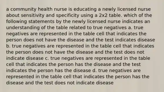 a community health nurse is educating a newly licensed nurse about sensitivity and specificity using a 2x2 table. which of the following statements by the newly licensed nurse indicates an understanding of the table related to true negatives a. true negatives are represented in the table cell that indicates the person does not have the disease and the test indicates disease b. true negatives are represented in the table cell that indicates the person does not have the disease and the test does not indicate disease c. true negatives are represented in the table cell that indicates the person has the disease and the test indicates the person has the disease d. true negatives are represented in the table cell that indicates the person has the disease and the test does not indicate disease