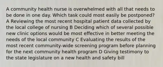 A community health nurse is overwhelmed with all that needs to be done in one day. Which task could most easily be postponed? A Reviewing the most recent hospital patient data collected by the local college of nursing B Deciding which of several possible new clinic options would be most effective in better meeting the needs of the local community C Evaluating the results of the most recent community-wide screening program before planning for the next community health program D Giving testimony to the state legislature on a new health and safety bill