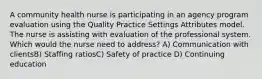 A community health nurse is participating in an agency program evaluation using the Quality Practice Settings Attributes model. The nurse is assisting with evaluation of the professional system. Which would the nurse need to address? A) Communication with clientsB) Staffing ratiosC) Safety of practice D) Continuing education