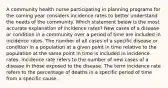 A community health nurse participating in planning programs for the coming year considers incidence rates to better understand the needs of the community. Which statement below is the most accurate explanation of incidence rates? New cases of a disease or condition in a community over a period of time are included in incidence rates. The number of all cases of a specific disease or condition in a population at a given point in time relative to the population at the same point in time is included in incidence rates. Incidence rate refers to the number of new cases of a disease in those exposed to the disease. The term incidence rate refers to the percentage of deaths in a specific period of time from a specific cause.