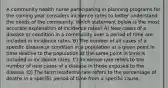 A community health nurse participating in planning programs for the coming year considers incidence rates to better understand the needs of the community. Which statement below is the most accurate explanation of incidence rates? A) New cases of a disease or condition in a community over a period of time are included in incidence rates. B) The number of all cases of a specific disease or condition in a population at a given point in time relative to the population at the same point in time is included in incidence rates. C) Incidence rate refers to the number of new cases of a disease in those exposed to the disease. D) The term incidence rate refers to the percentage of deaths in a specific period of time from a specific cause.