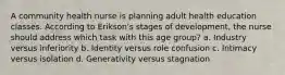 A community health nurse is planning adult health education classes. According to Erikson's stages of development, the nurse should address which task with this age group? a. Industry versus inferiority b. Identity versus role confusion c. Intimacy versus isolation d. Generativity versus stagnation