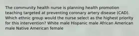 The community health nurse is planning health promotion teaching targeted at preventing coronary artery disease (CAD). Which ethnic group would the nurse select as the highest priority for this intervention? White male Hispanic male African American male Native American female